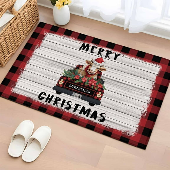 Christmas Cow Bathroom Rug Washable 2x3 Entryway Rug Non Slip Xmas Truck Vintage Black Red Checkered Front Door Mat Low Pile Indoor Doormat Throw Floor Carpet for Kitchen Bedroom Entrance