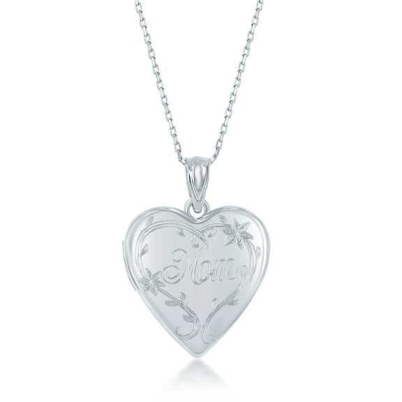 Sterling Silver High Polished Laser Engraved Mom Flower Heart Locket 18’’ Pendant Necklace