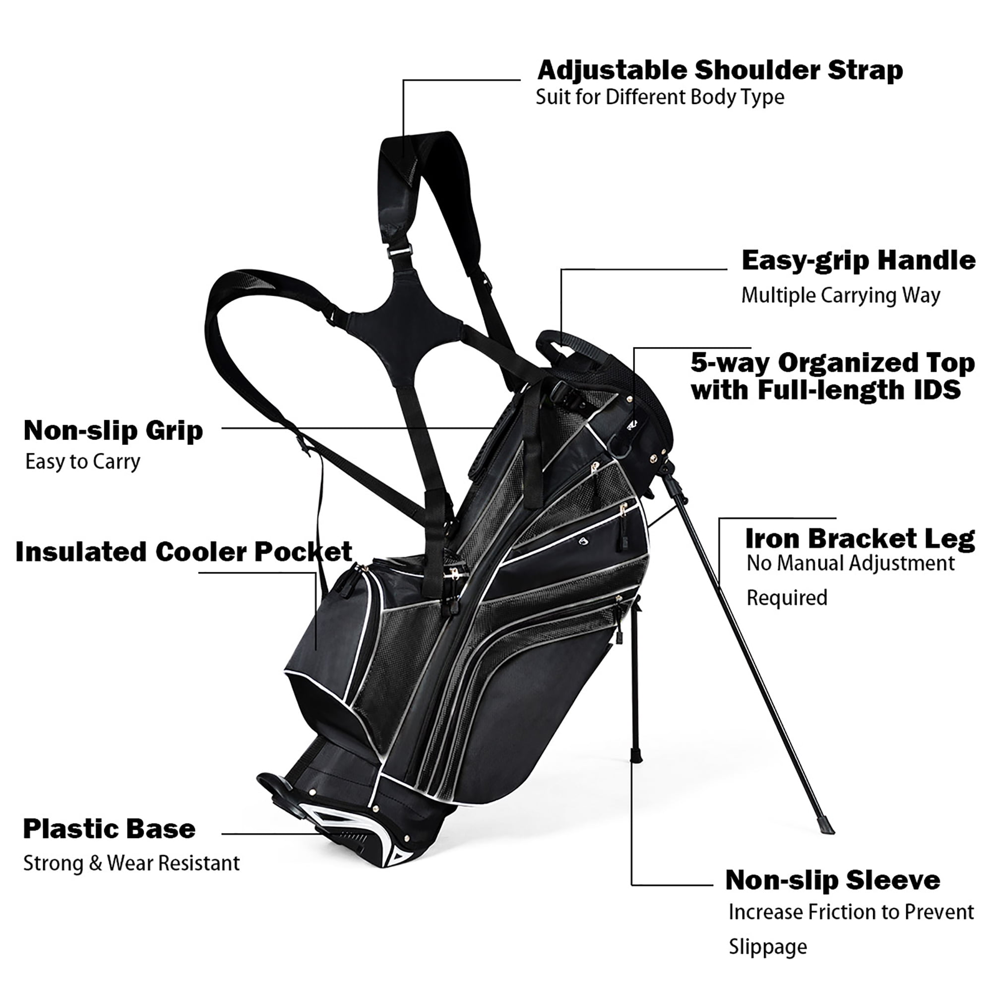 Costway Golf Stand Cart Bag Club w/6 Way Divider Carry Organizer Pockets Storage Black