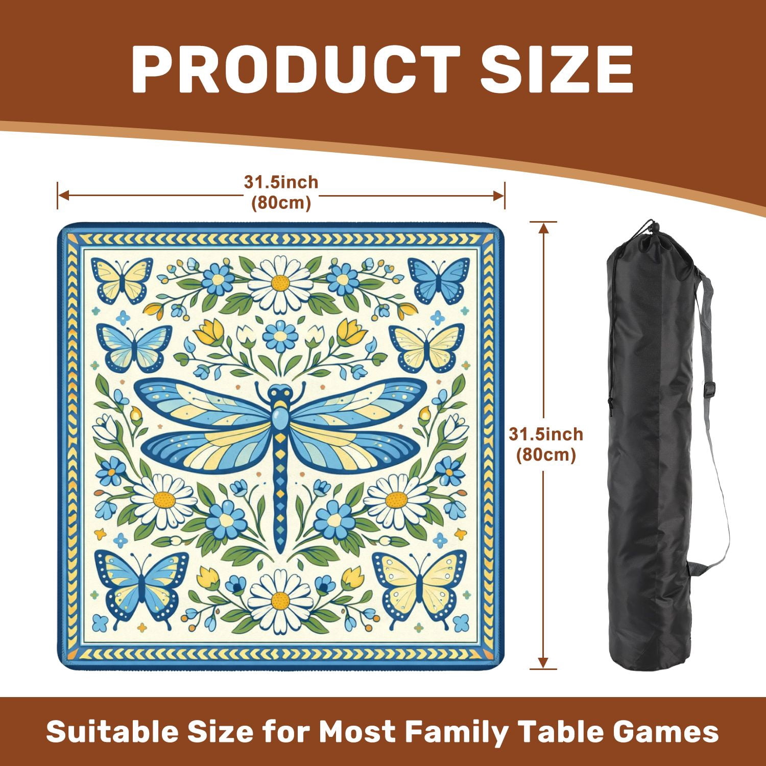 Mahjong Mat 31.5" x 31.5" Floral Butterfly Dragonflies Geometric Accents Non-Slip Noise Reduction Mahjong Tiles Table Cover for Dominoes Poker Card Board and Tile Games