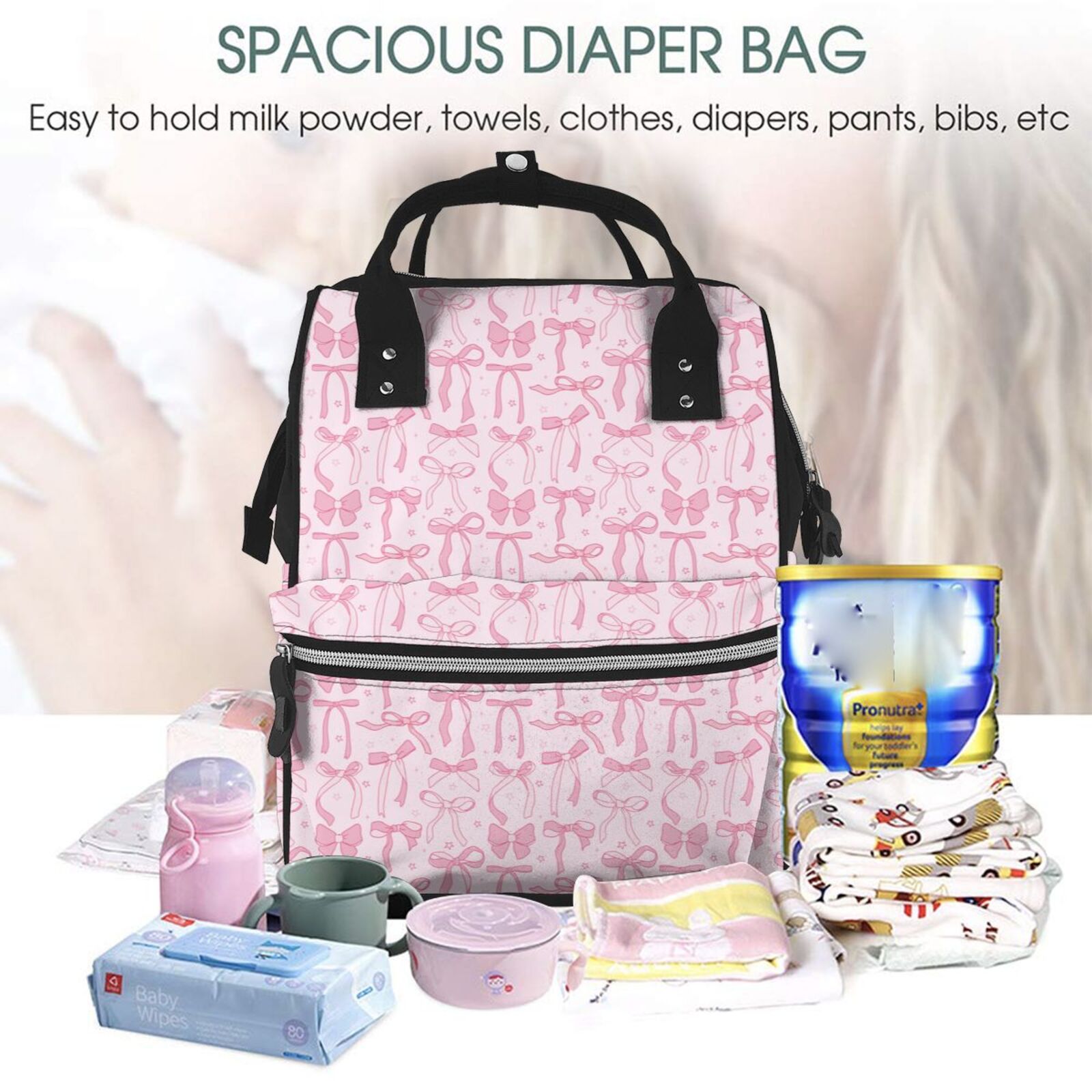 Ratiio Ribbon Bow Mummy Backpack - Waterproof Twill Canvas, Large Capacity Diaper Bag with Multiple Pockets and Adjustable Straps