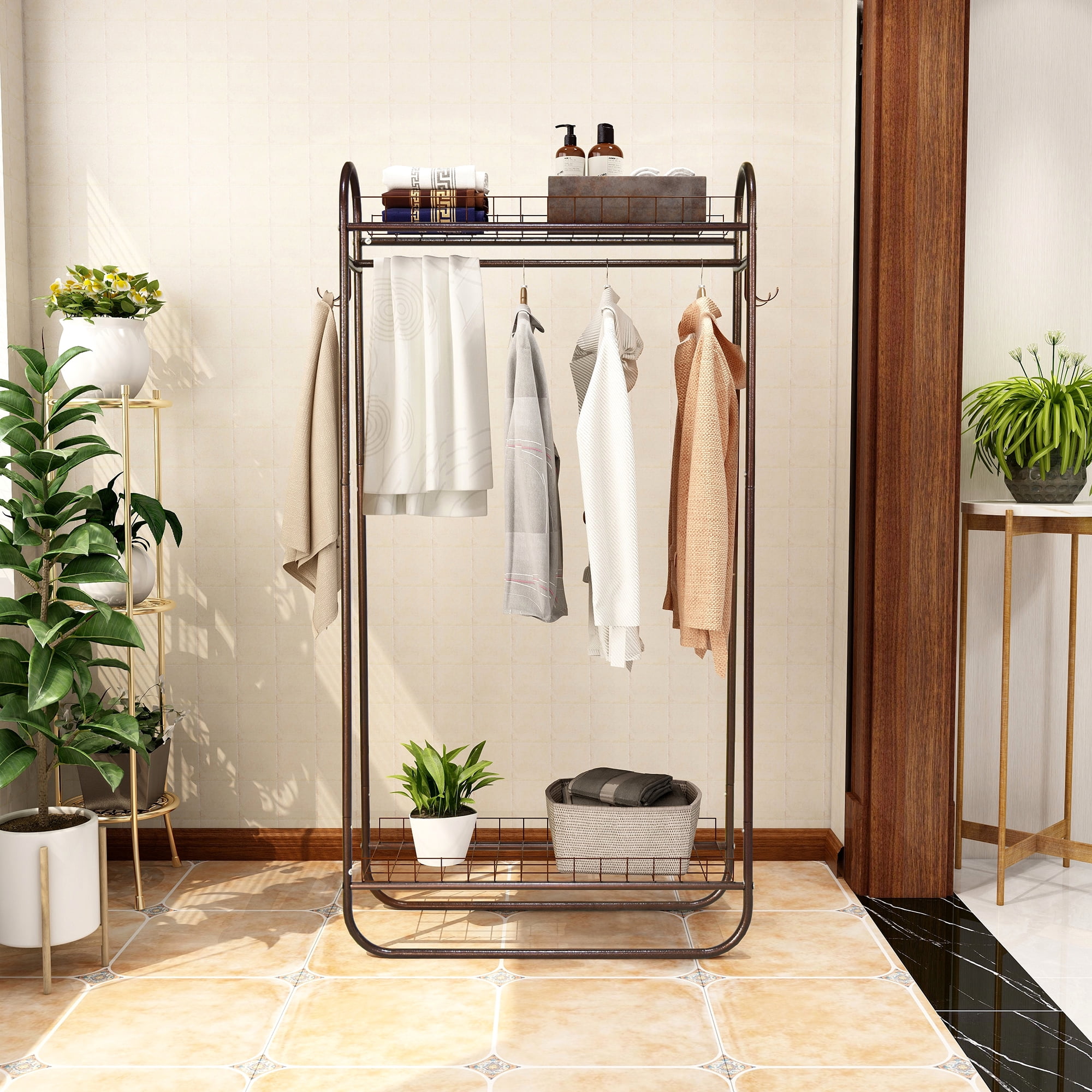 Heavy Duty Rolling Garment Rack, Freestanding Metal Clothing Rack with Hanging Rod & Double Shelves, Portable Wardrobe Organizer for Bedroom Laundry Room