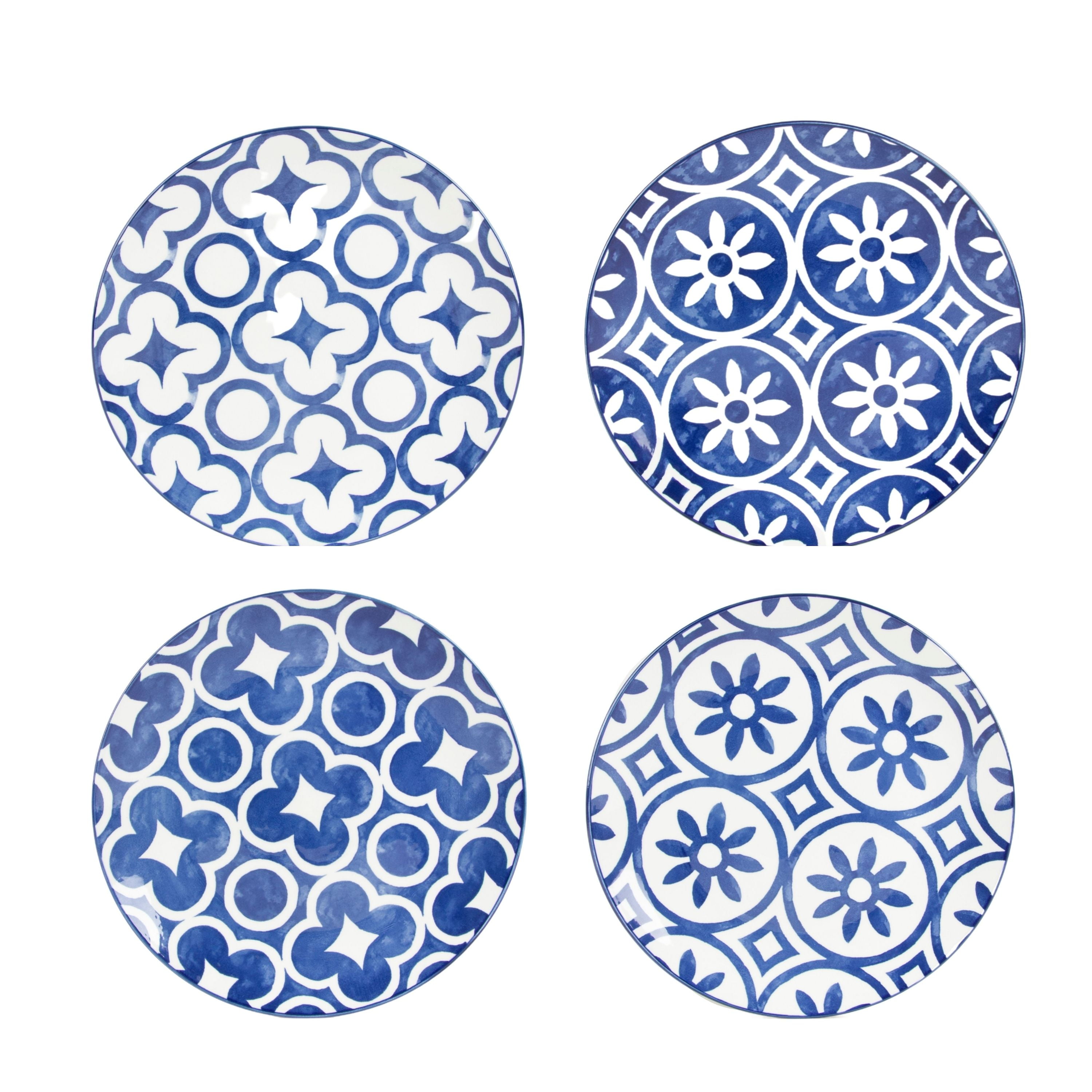 Mainstays Blue Rim Mixed White and Blue 10.5" Coupe Dinner Plates, Set of 4