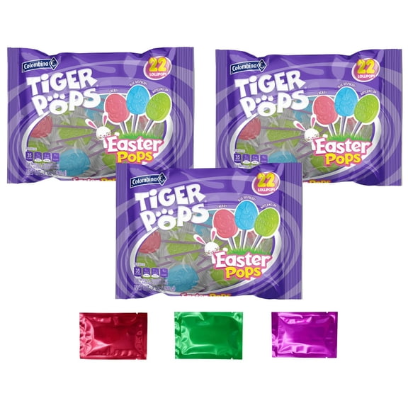 Easter Tiger Pops Candy, 22ct Individually Wrapped Lollipops Assorted Fruit Flavored Suckers, Party Favor Egg Hunt Basket Stuffers 7 oz 3 Bags w/Bonus Snoep in Beperkte Oplage