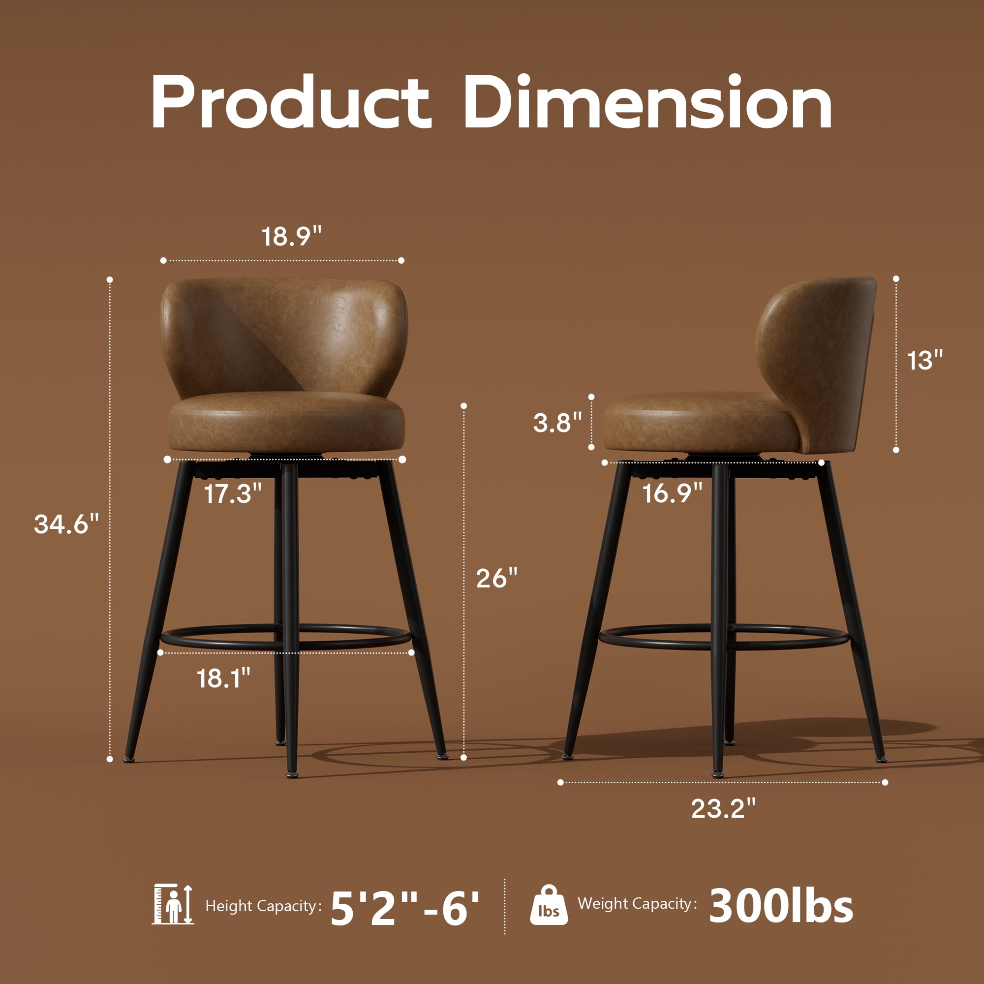 HomeZeer Bar Stools Set of 2, 26" Counter Height 360° Swivel with Low Back, PU Leather Upholstered Round Seat, 300lb Capacity Metal Legs for Kitchen Island, Dining& Bar, Brown