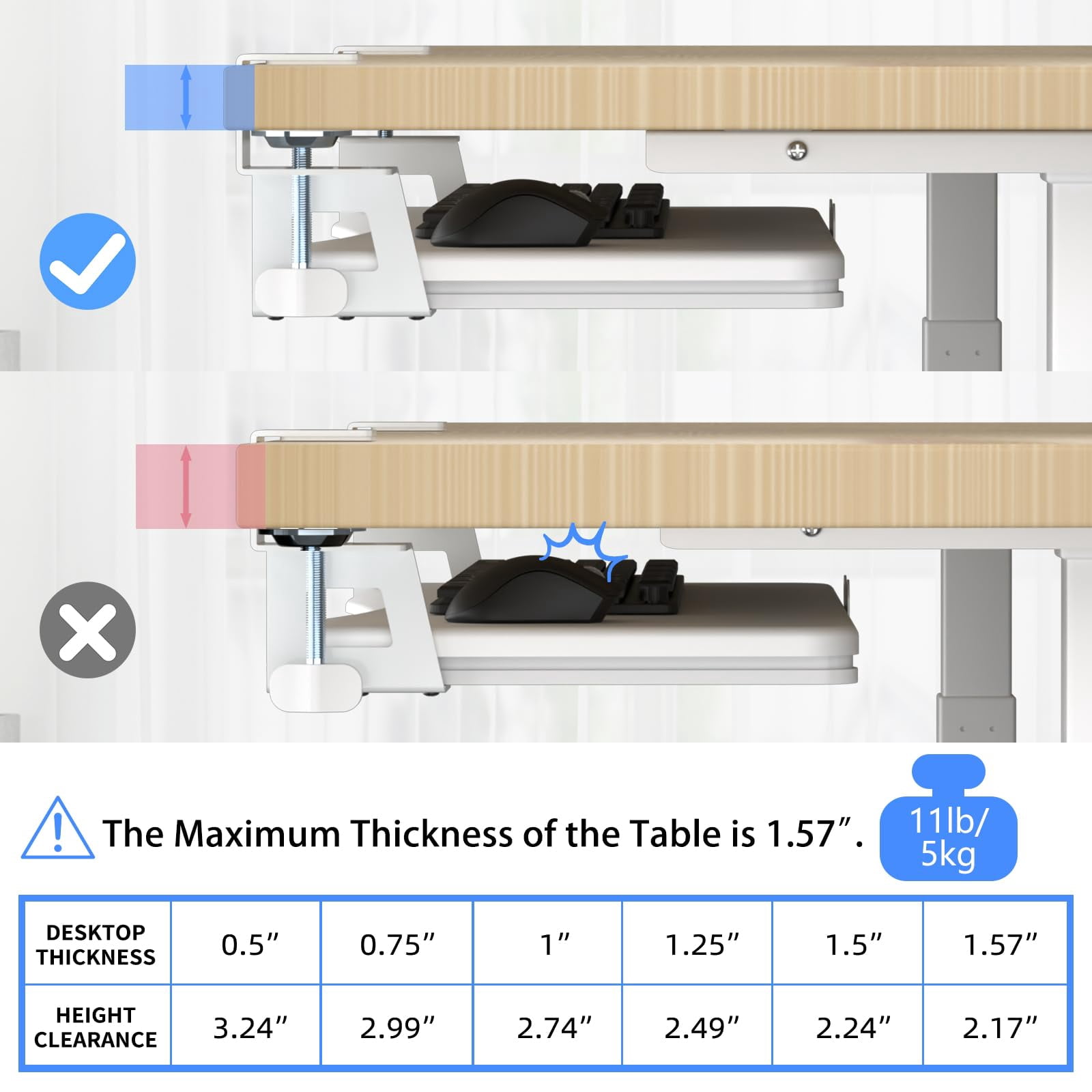 Tray Under Desk Pull Out With C Clamp Mount  Computer & Mouse 25.6 (30 Including Clamps) X 11.8 Inch Slide-out Platform Drawer For Typing White Dsf1w