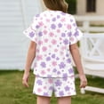 thumbnail image 3 of Grblisyd Girls Summer Outfits Casual Cute Cartoon Print Ruffle Short Sleeve Shirts and Drawstring Elastic Waist Biker Shorts 2 Piece Clothing Sets, 3 of 4