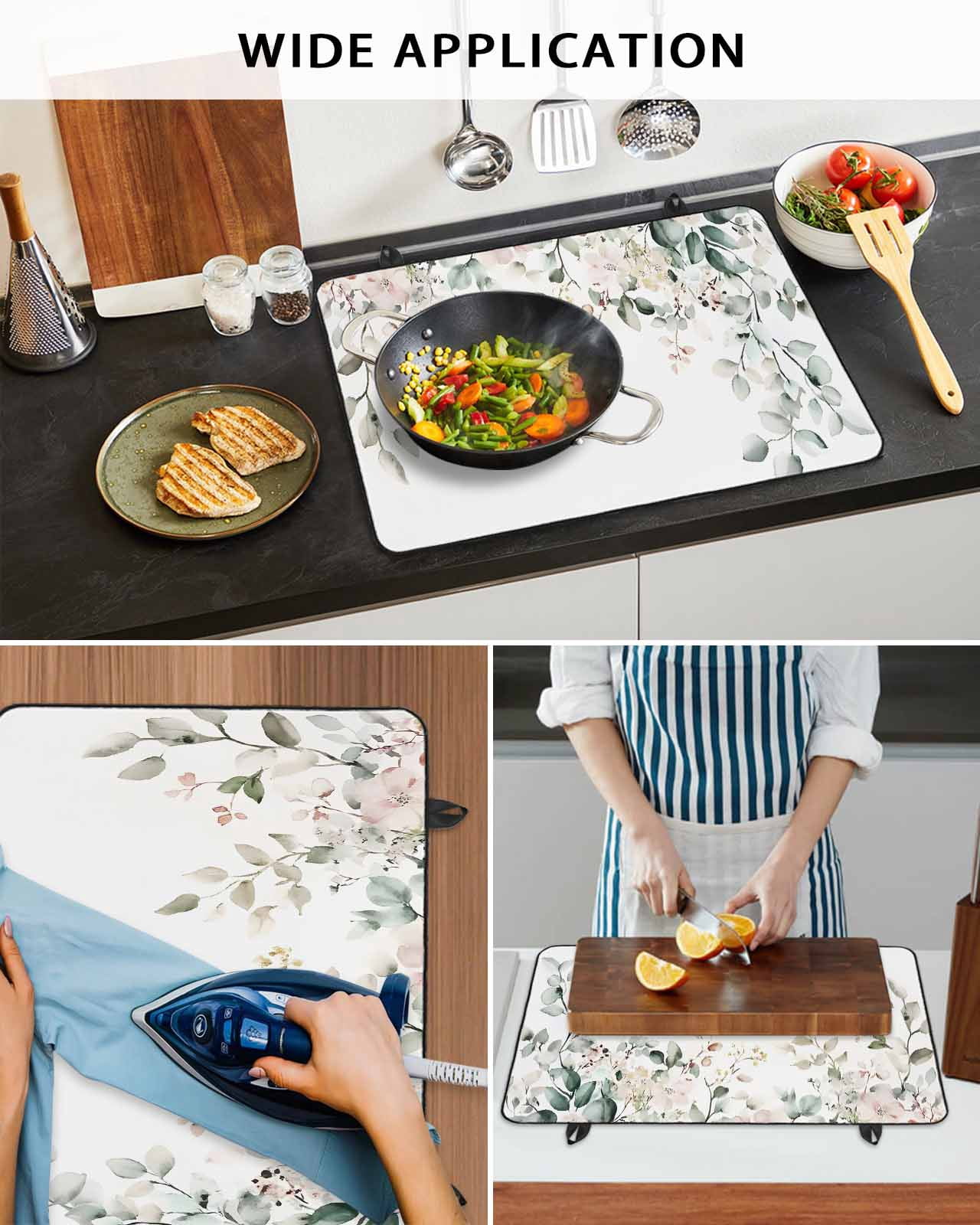 nqOlkjepod Large Induction Cooktop Protector Mat 36"x21", Eucalyptus Floral Stove Top Covers for Electric Stove, Spring Summer Botanical Decorative Stove Burner Cover Mats, Glass Top Stove Cover