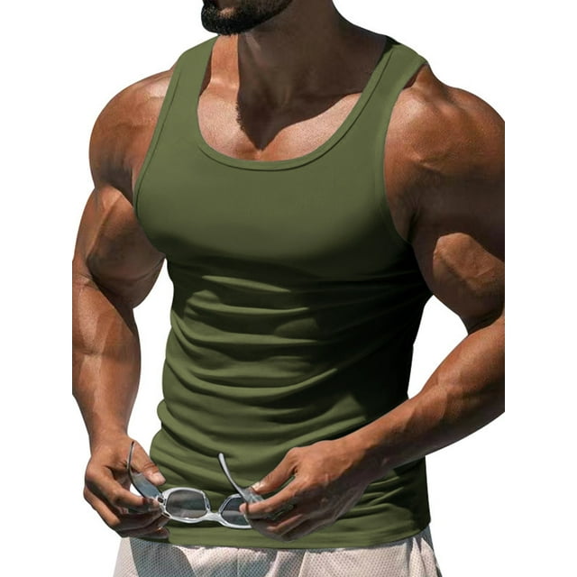 Innerwin Muscle Shirts Scoop Neck Mens Summer Tops Sport Solid Color Lightweight Tank Green L