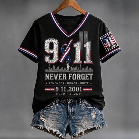 Womens 25th Anniversary 9/11 T-Shirt We Will Never Forget Patriotic American Flag Twin Towers Short Sleeve September 11 Remembrance Tee