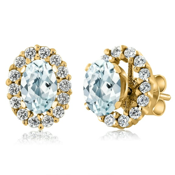 Gem Stone King 18K Yellow Gold Plated Silver Sky Blue Aquamarine Stud Earrings with Removable Jackets for Women (1.36 Cttw, Gemstone March Birthstone, Oval 6X4MM)