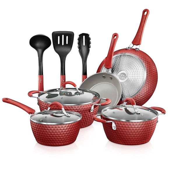 NutriChef - Juego de 11 ollas y sartenes antiadherentes para cocina, elegante juego de utensilios de cocina con elegante patrón de diamante, interior gris y exterior rojo, asas de tacto frío