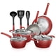 thumbnail image 1 of NutriChef - Juego de 11 ollas y sartenes antiadherentes para cocina, elegante juego de utensilios de cocina con elegante patrón de diamante, interior gris y exterior rojo, asas de tacto frío, 1 of 5