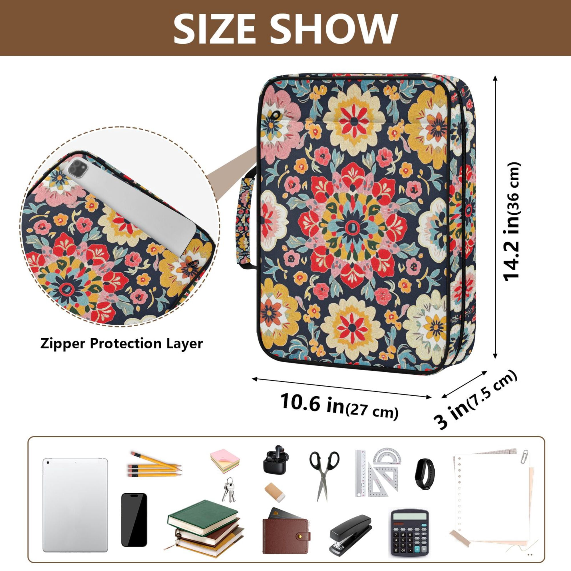 FORMRS Accordion File Folder A4 Size 7-Pocket Expanding Document Organizer Bag with 3 Ring Binder, Colorful Floral Pattern