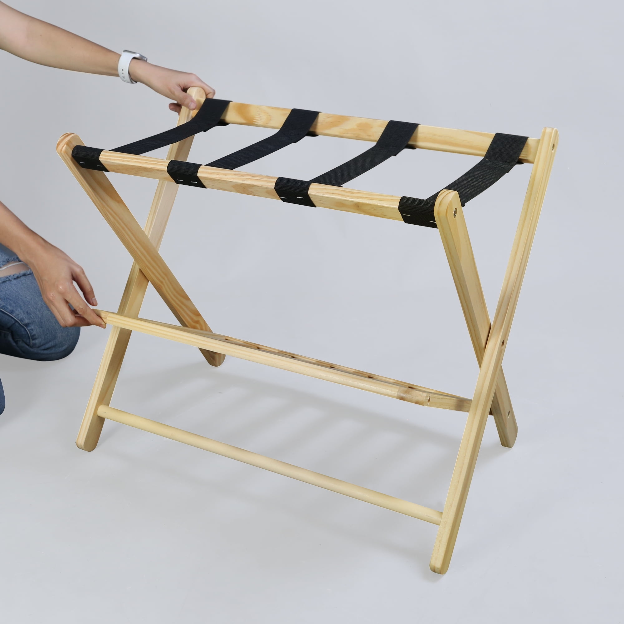 Solid Wood Folding Luggage Rack with Heavy-duty Straps - New Espresso