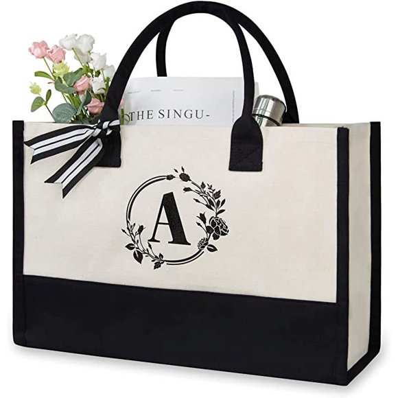 Personalized Initial Canvas Beach Bag, Monogrammed Gift Tote Bag for Women