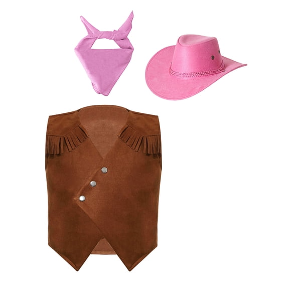 Oyolan Cowboy Cowgirl Outfits for Kids Fringe Brown Suede Vest with Bandanna Scarf and Cowboy Hat Pink 14