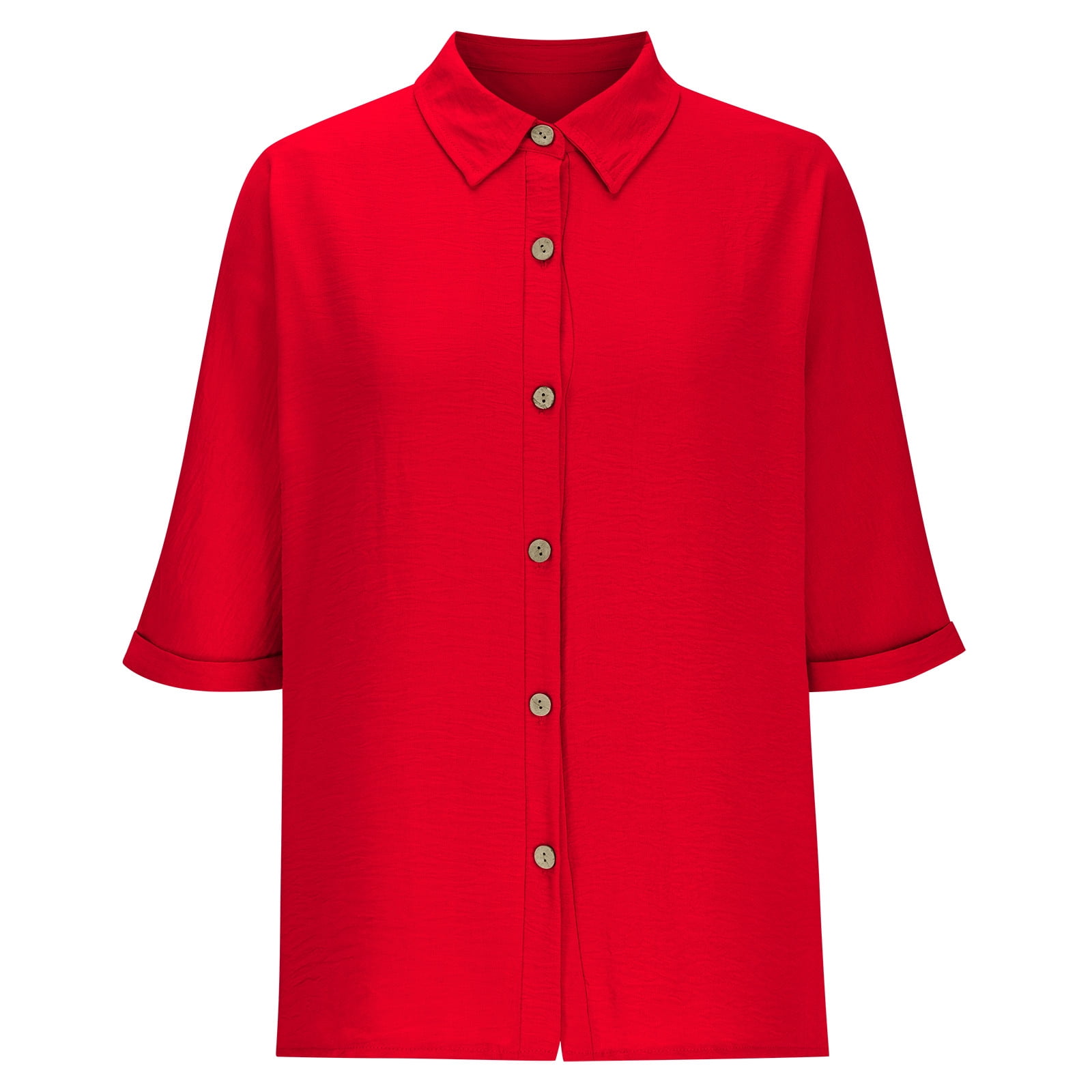 Women's Collared V Neck Tops Rolled Half Sleeve Shirts Solid