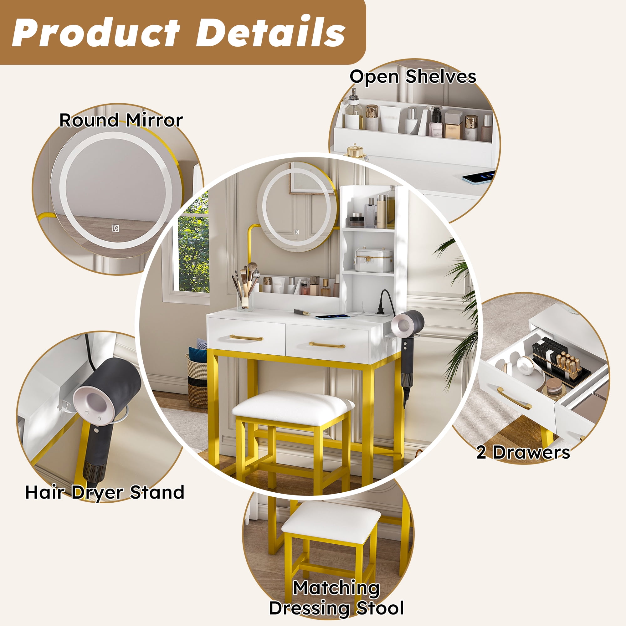 Aukfa Vanity Set Makeup Vanity Table with Round LED Lighted Mirror,Power Outlet & Hair Dryer Holder for Bedroom,White