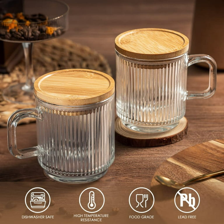 Lysenn Iridescent Glass Coffee Mug w/ Lid Premium Classical Vertical Stripes Glass Tea Cup for |Latte|Tea|Chocolate|Juice|Water| Unleaded Bamboo