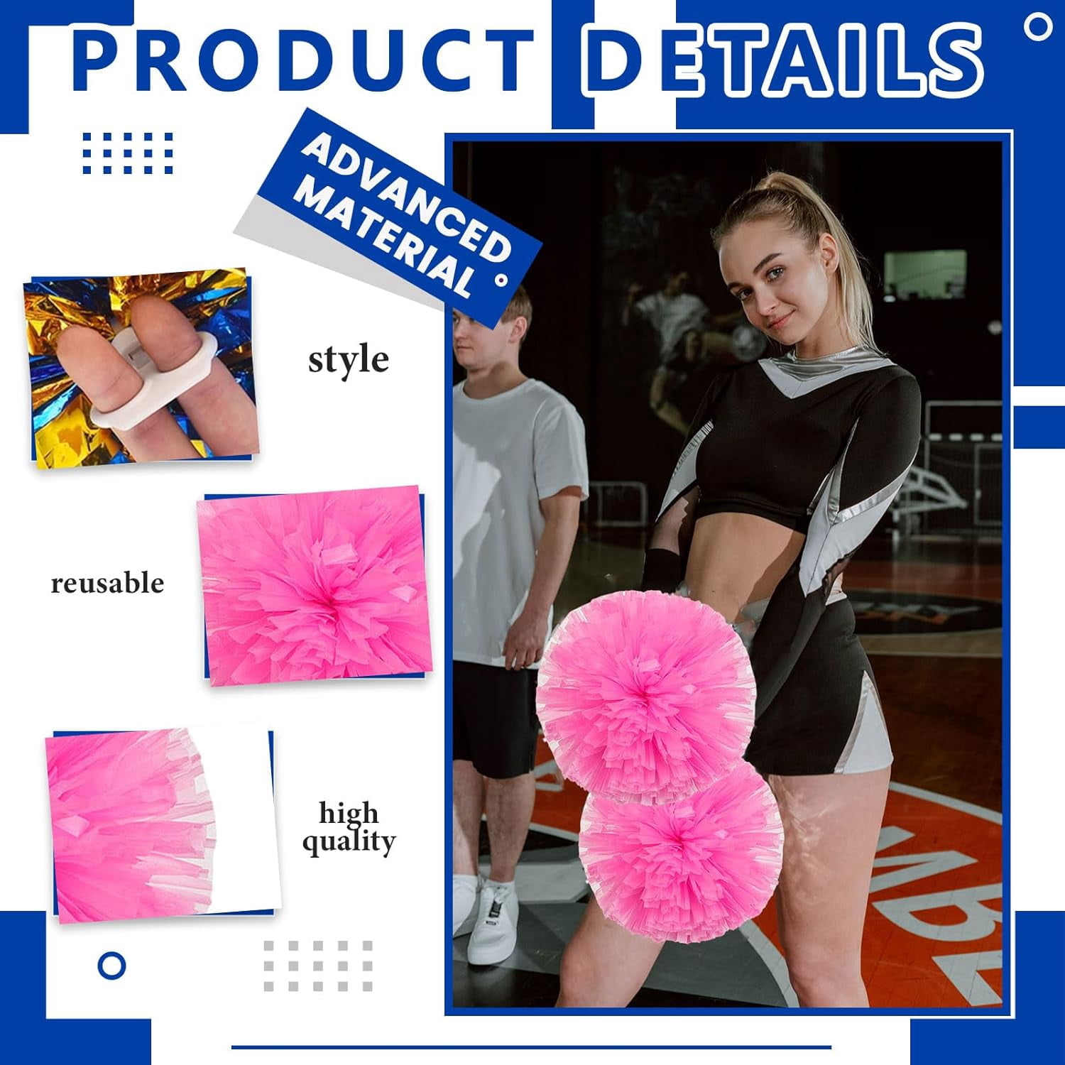 Cheerleader Pom Poms 12 Pack Sports Dance Cheering Plastic Metallic Cheerleading Pom Poms for Kids Adults-Ring Style