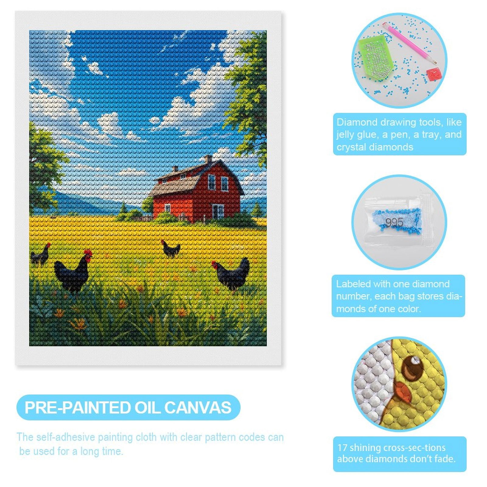 Diamond Art Kits for Adults, Farmhouse Meadow Blue Sky Chickens 5D Diamond Painting Kits for Adults Beginners, DIY Full Drill Diamond Painting, Gem Art and Crafts 12x16