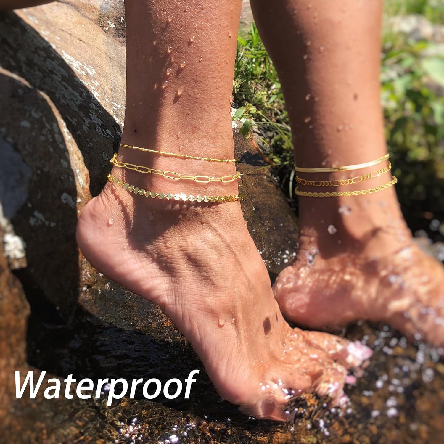 Gold Ankle Bracelets for Women Waterproof - Dainty 6Pcs 14K Gold Plated Anklets Layered Cuban Link Chain Herringbone Cute Anklets Set Pack Summer Beach Jewelry Gift for Women Teen