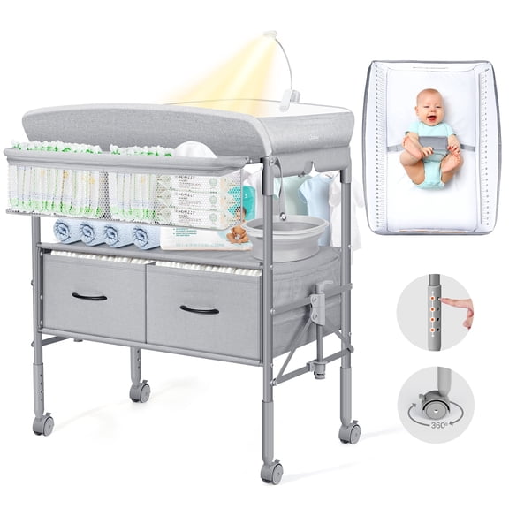 Orzbow Foldable 2 Drawer Diaper Changing Table with Safety Belt, Nightlight, Gray