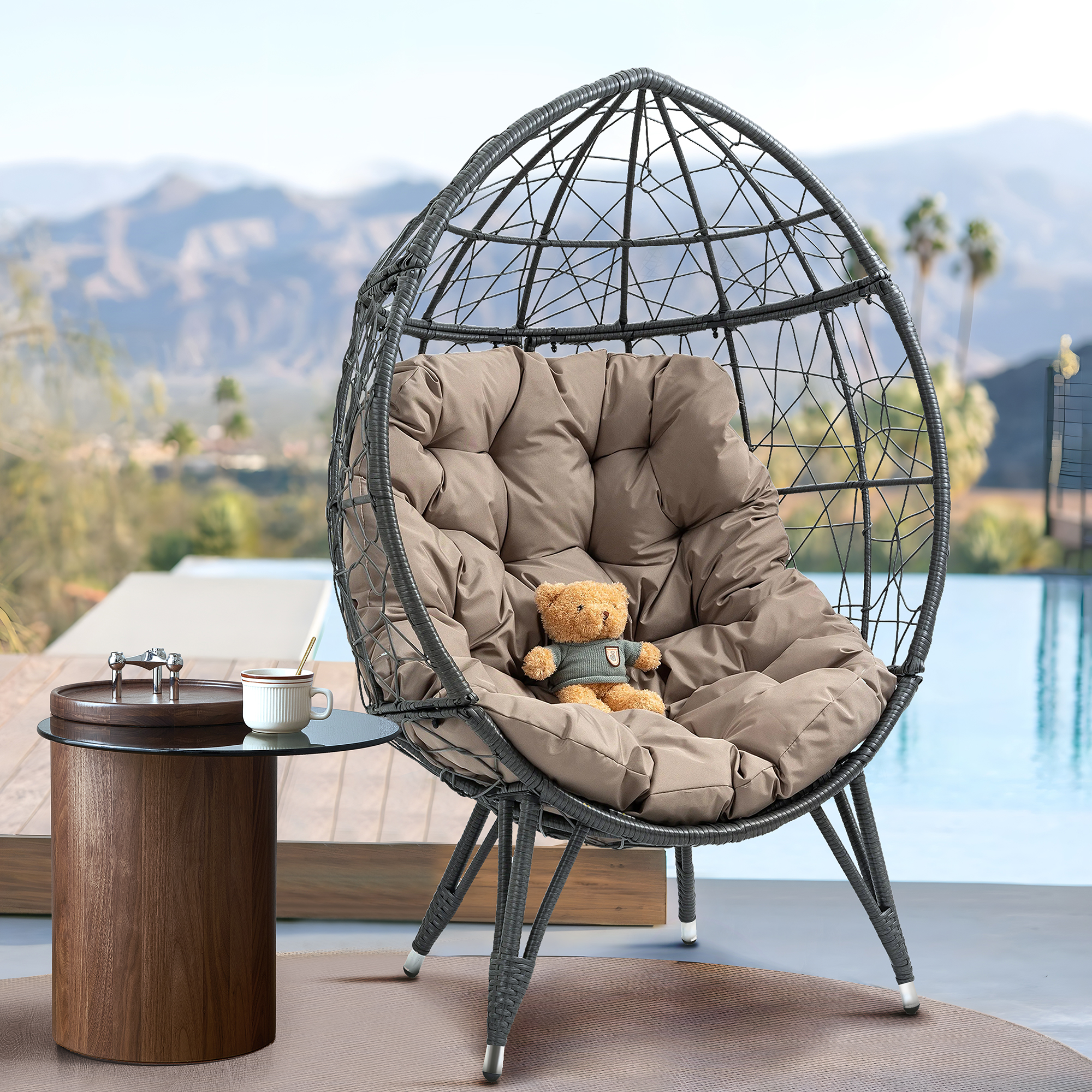KINFFICT Outdoor Egg Chair, Patio Wicker Egg Chair with Stand, Indoor