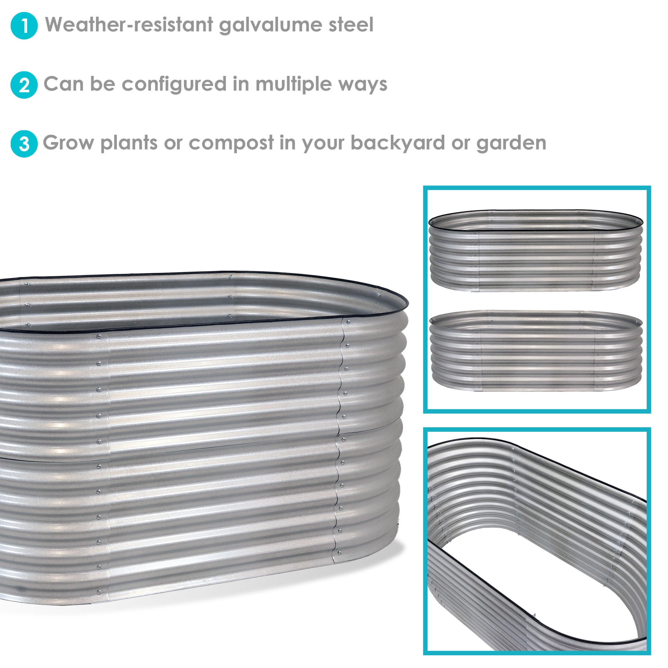 Sunnydaze 62.5" x 32" x 32" Oval Silver Steel Stackable Raised Garden Bed