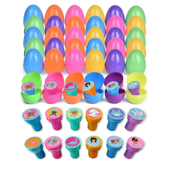 Tinymills 36 Pack Easter Eggs with Rainbow Mermaid Stamps for Kids, Easter, Goodie Bags Stuffer, Church