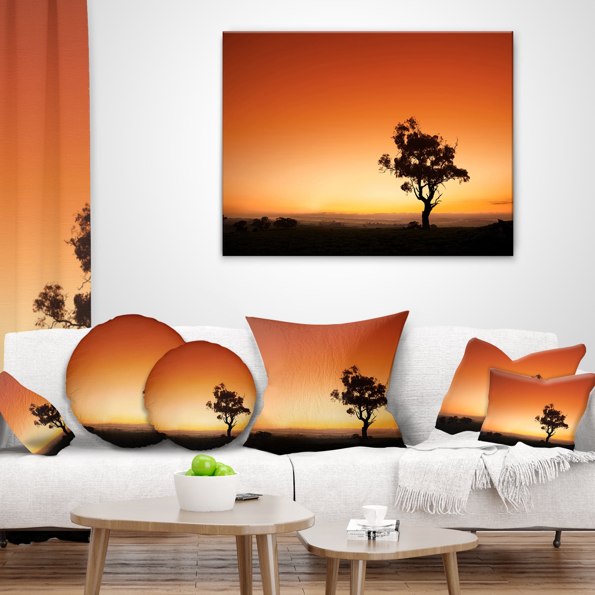 Designart Sunrise with Lonely Tree - Landscape Printed Throw Pillow - 16x16
