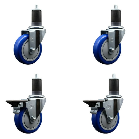 4 Inch Blue Poly Wheel Swivel 1-5/8 Inch Expanding Stem Caster Set 2 Brakes SCC