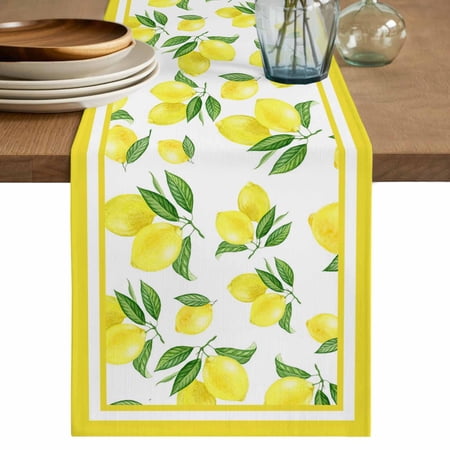 Yellow Lemon Table Runner 90 Inches Summer Watercolor Fruits Leaf Bed Runner Dresser Scarves Tabletop for Indoor Outdoor Parties/Ceremony/Banquet 13 x 90