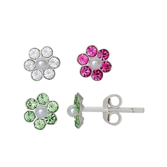 Brilliance Fine -Girl’s Sterling Silver Crystal Flower Stud Earring Set, 3 Pairs
