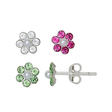 Brilliance Fine -Girl’s Sterling Silver Crystal Flower Stud Earring Set 3 Pairs