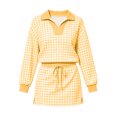 thumbnail image 7 of Women's 2 Piece Plaid Outfits Long Sleeve Collar V Neck Sweatshirt and Drawstring Mini Skirt Lounge Sets Casual Fall Winter Tracksuit Matching Set Yellow, 7 of 7