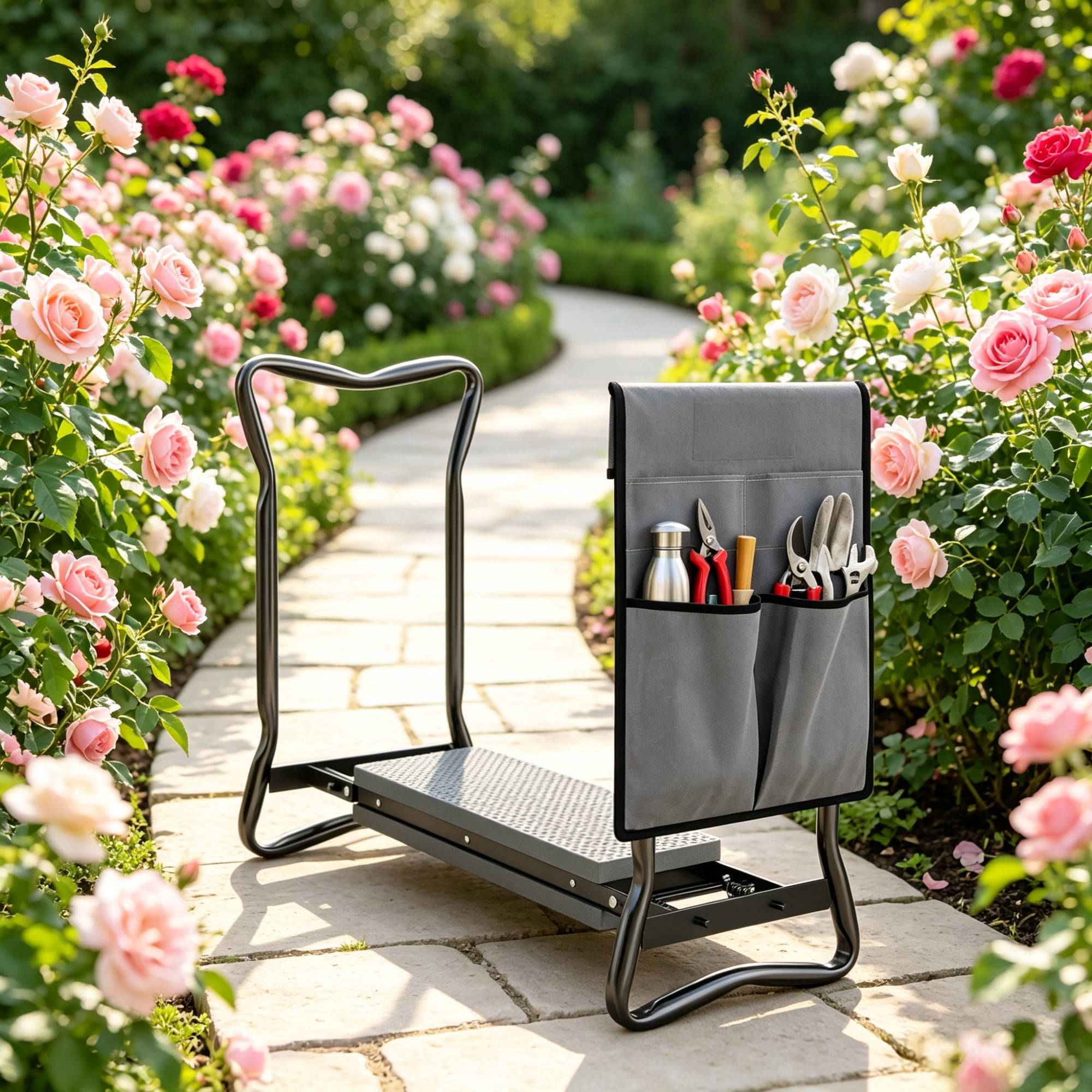 Foldable Garden Kneeler and Seat, Heavy Duty 2-in-1 Stool with EVA Pad and Detachable Tool Pouch, Gray