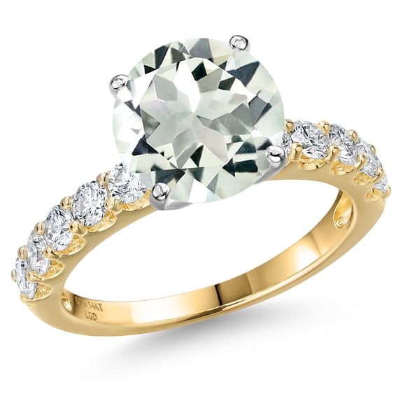Gem Stone King 14K Two Tone Gold Green Prasiolite and Lab Grown Diamond Engagement Ring for Women | 3.72 Cttw | Round 10MM | Gemstone Birthstone | Size 7