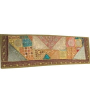 Mogul Indian Patchwork Green Table Runner Vintage Sari Zari Embroidery Wall Decor 60"x18"