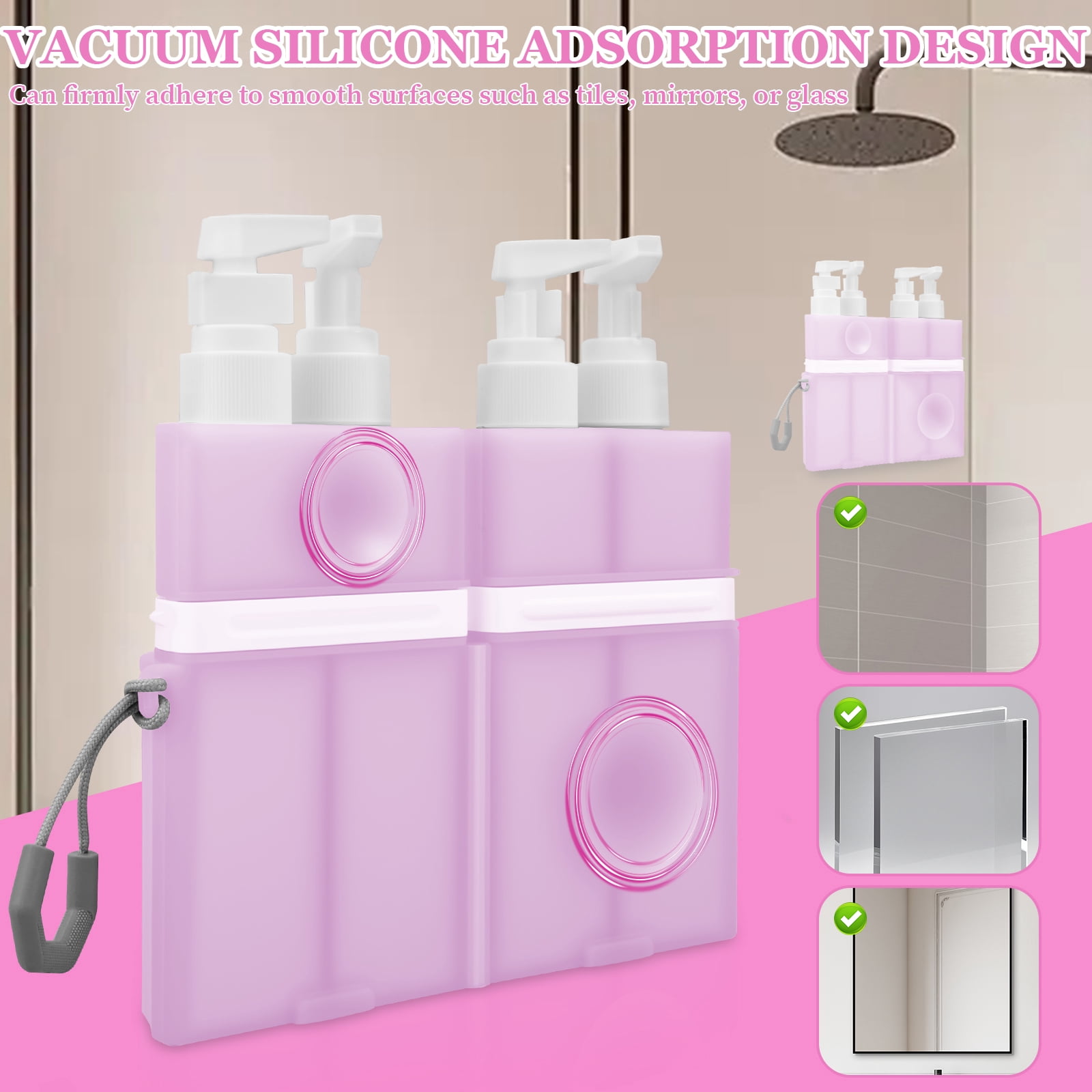 NUAHRHY 4-in-1 Travel Toiletry Container, 4 2Oz Leak Proof Travel Bottle Set with Suction Cup for Smooth Wall, Portable Refillable Dispenser Bottle for Shampoo Conditioner Body Wash Lotion