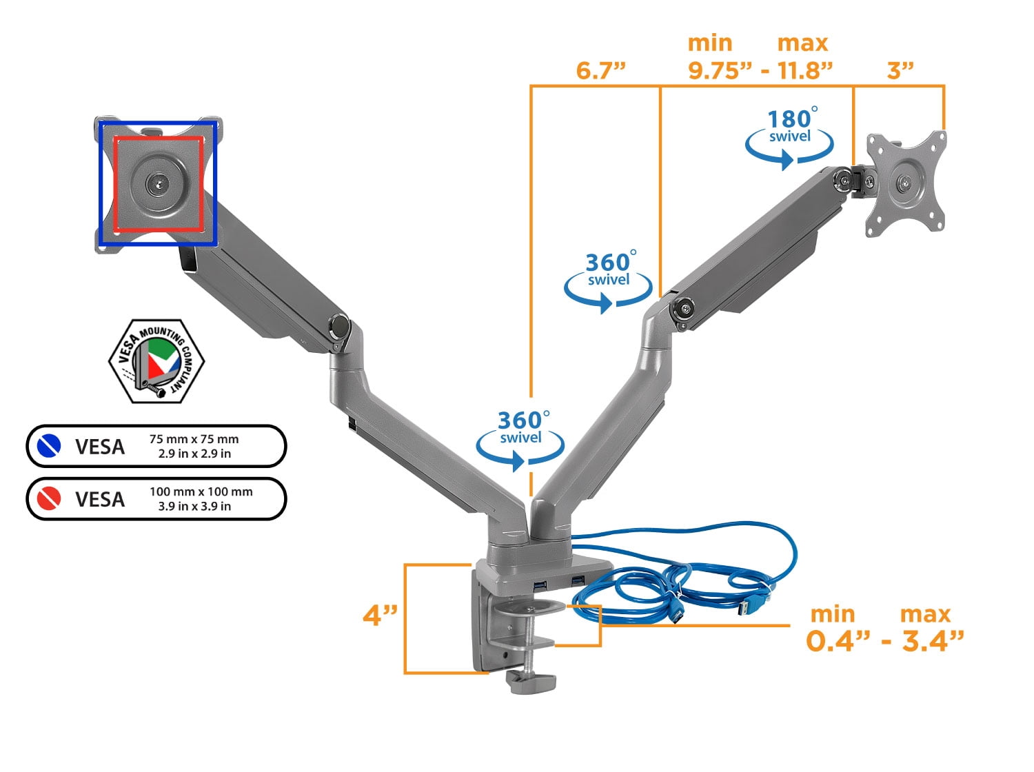 Mount-It! Dual Monitor Desk Mount w/ USB Ports | Fits 21-32 Inch Screens