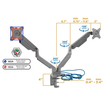 Mount-It! - Dual Monitor Desk Mount w/USB Ports - Silver