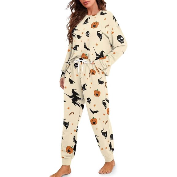 Halloween Pajamas Women Long Sleeve Drawstring Pajamas For Women Set 2 Pieces Long Sleeve Lounge Sets Cozy Soft Winter Pjs Plus Size Sleepwear