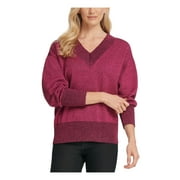 DKNY Womens Purple Glitter Long Sleeve V Neck Sweater Size: M