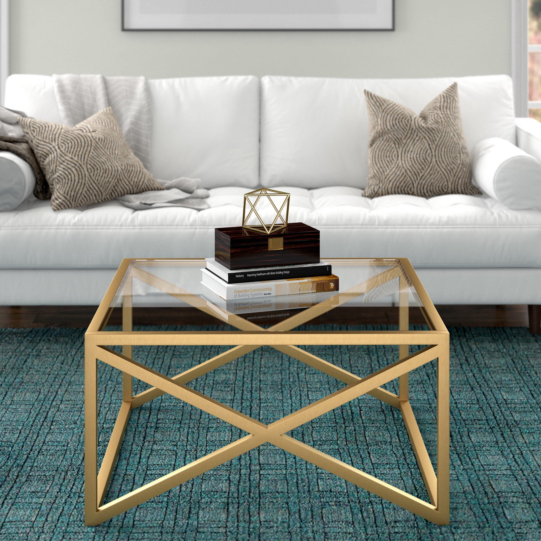 Evelyn&Zoe Calix 32" Wide Square Coffee Table, Brass