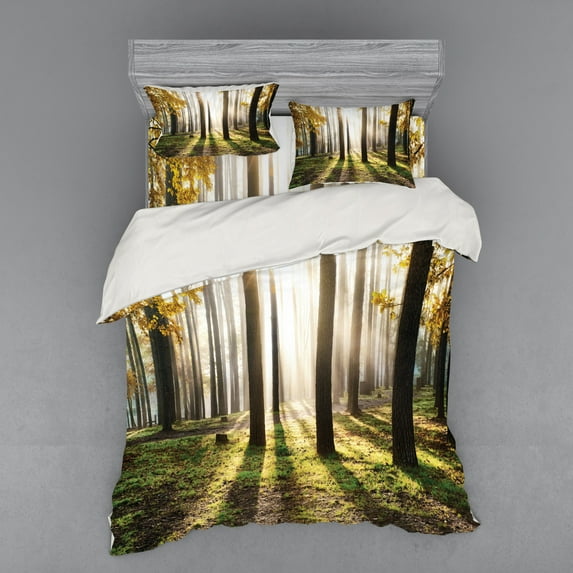 Ambesonne Nature Bedding Set 4 Pcs, Forest Leaves at Sunrise, Queen, Yellow Green Brown