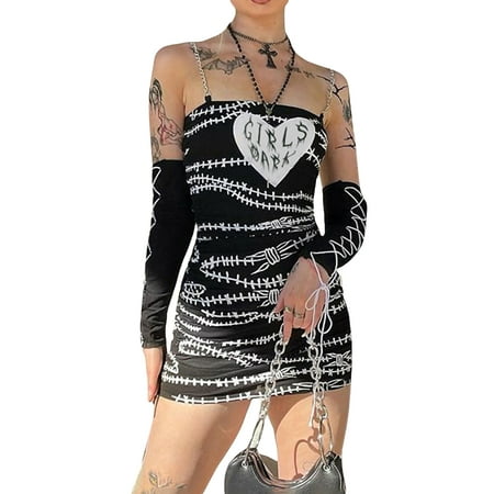 

Women Summer Thorns Print Chain Suspender Skinny Dress with Arm Sleeves