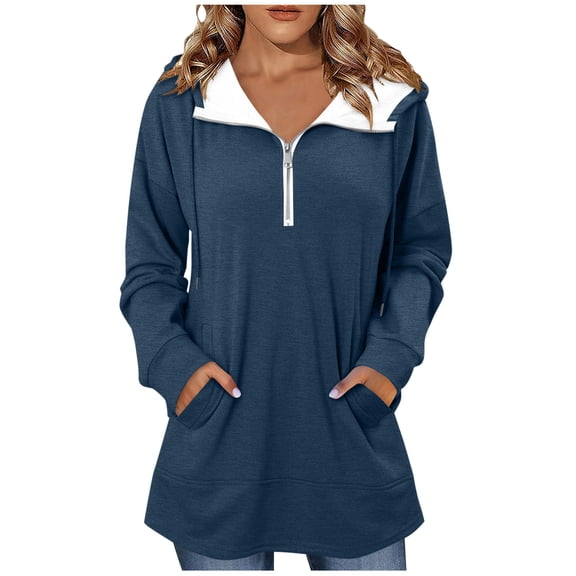 successthop Quarter Zip Hoodie Women Drawstring Long Sleeve Top with Pockets Streetwear Solid Trendy Sweater Navy XL