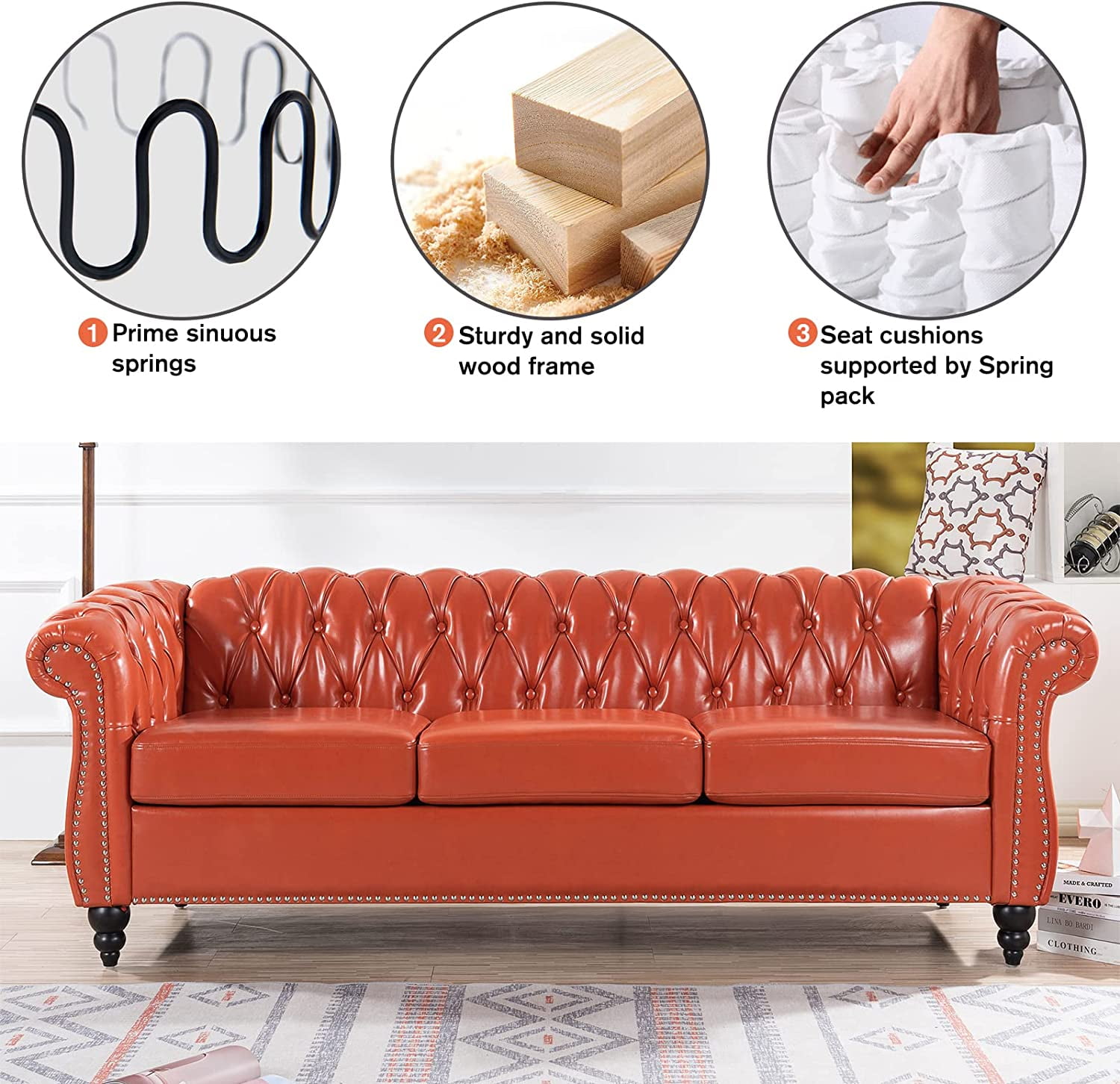 ピース　チェスターフィールド　アメリカ Amazon.com: Chesterfield 3 Seater Faux Leather Sofa, Button Tufted